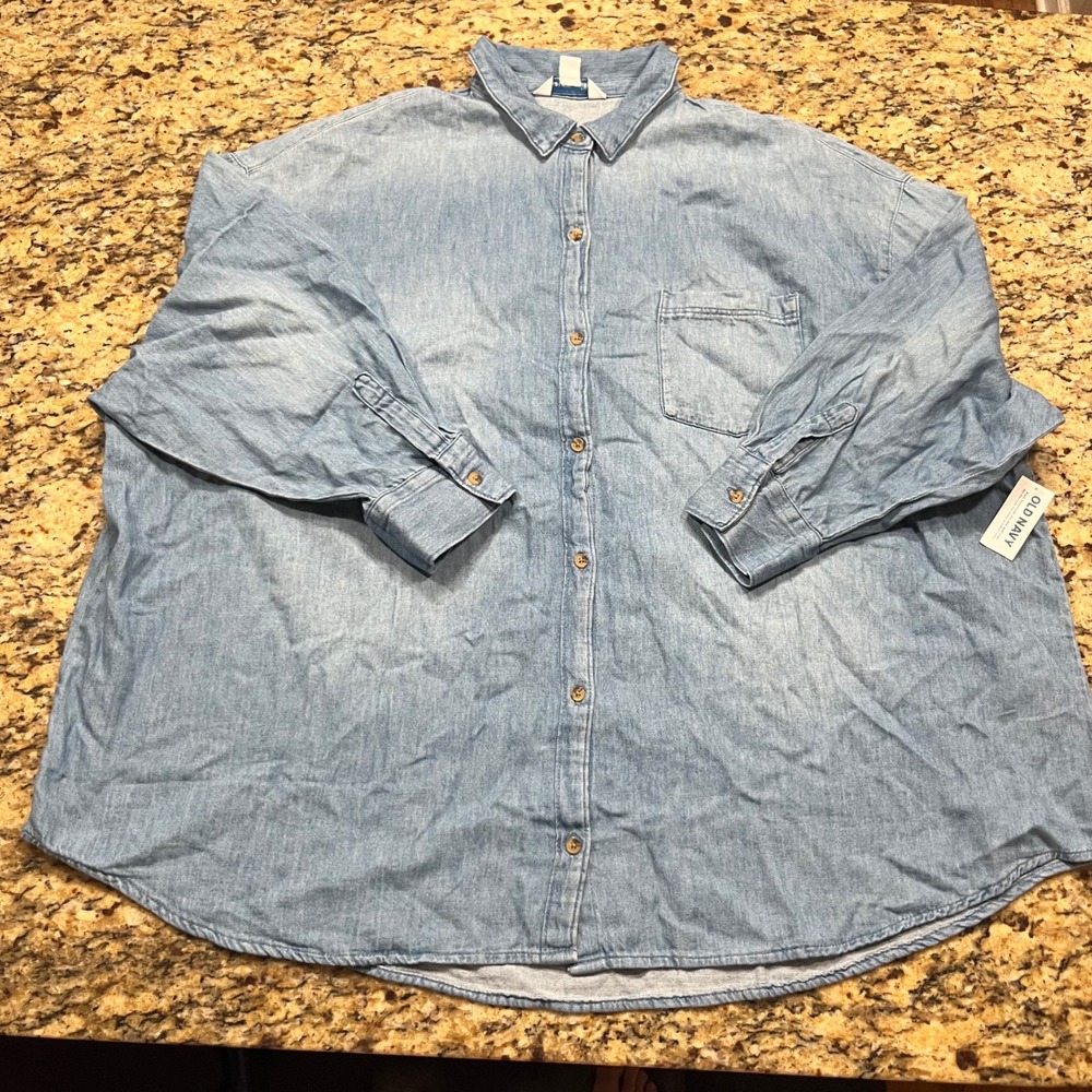 NEW Old Navy Womens XXL Petite Blue Denim Chambray Boyfriend Shirt Light Wash
